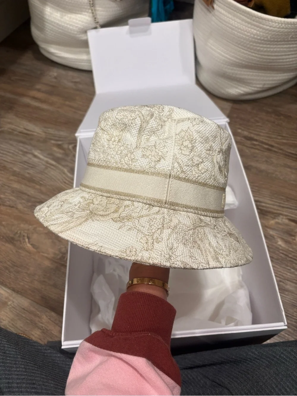 Dior Cream Toile de Jouy Embroidered Band Bucket Hat